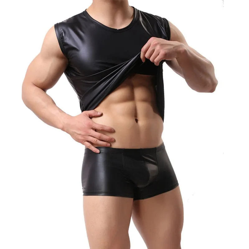 Men's Black PU Leather Undershirt