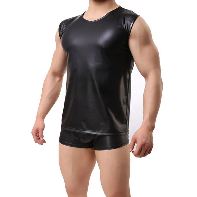 Men's Black PU Leather Undershirt