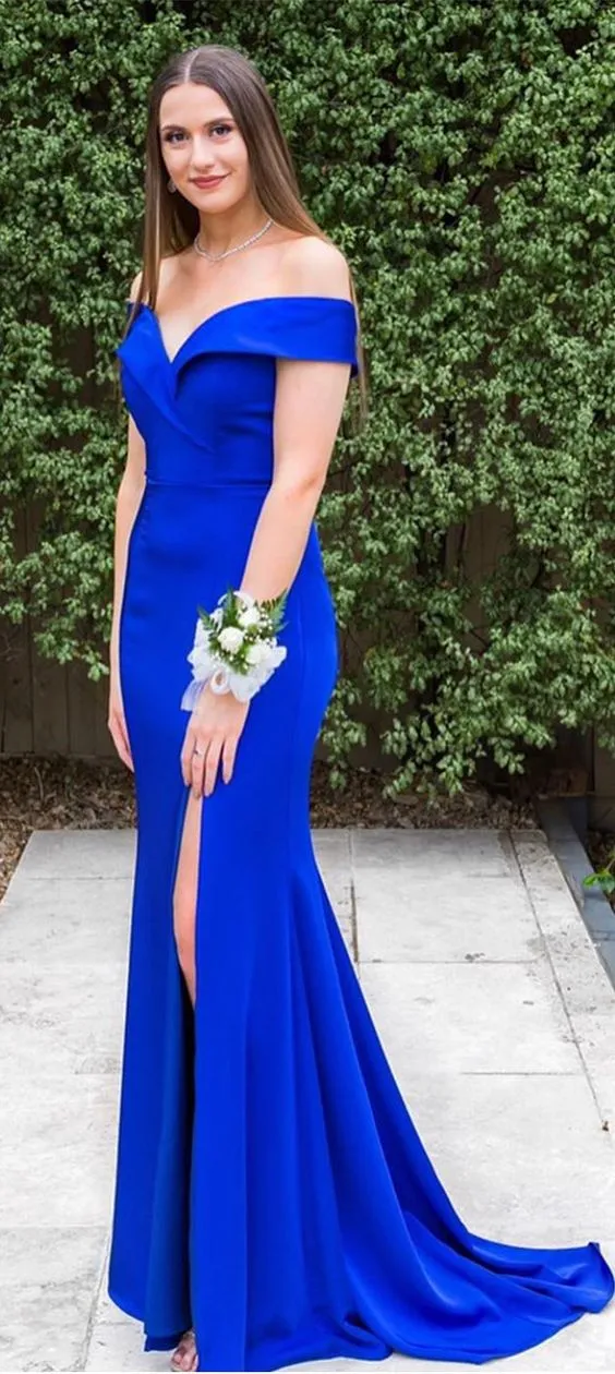 Mermaid Slit Off Shoulder Sleeves Royal Blue Prom Dress