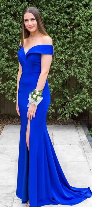 Mermaid Slit Off Shoulder Sleeves Royal Blue Prom Dress