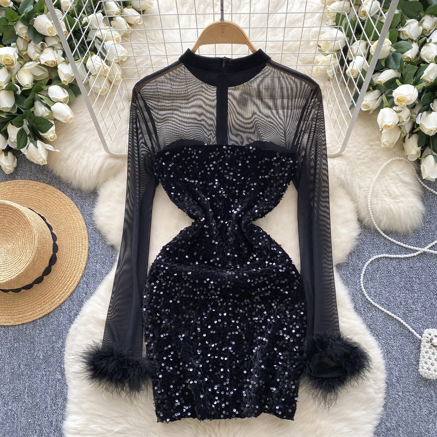 Mesh Patchwork Black Sequined Dress