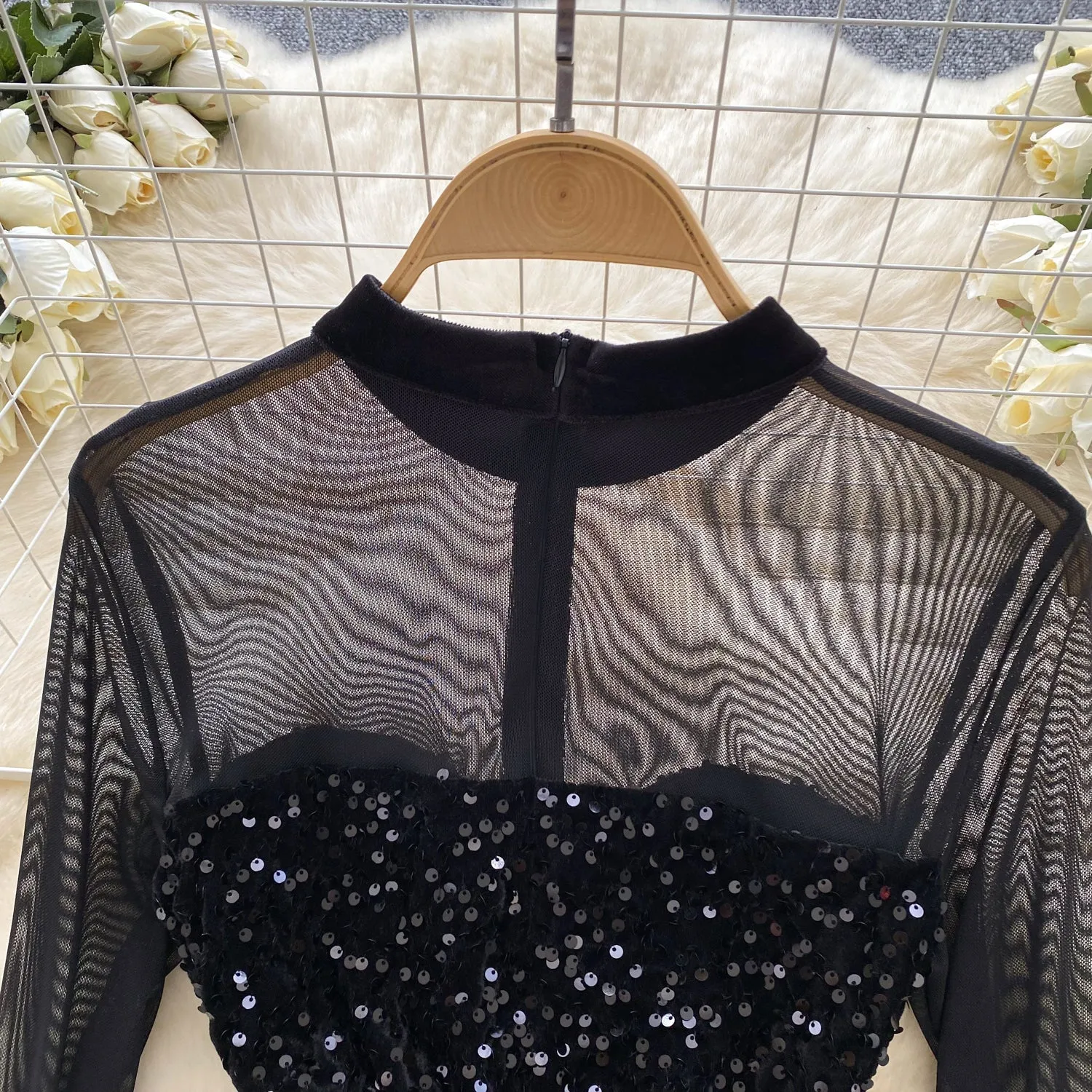 Mesh Patchwork Black Sequined Dress