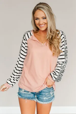 Mix Print Pink Waffle Long Sleeve Top