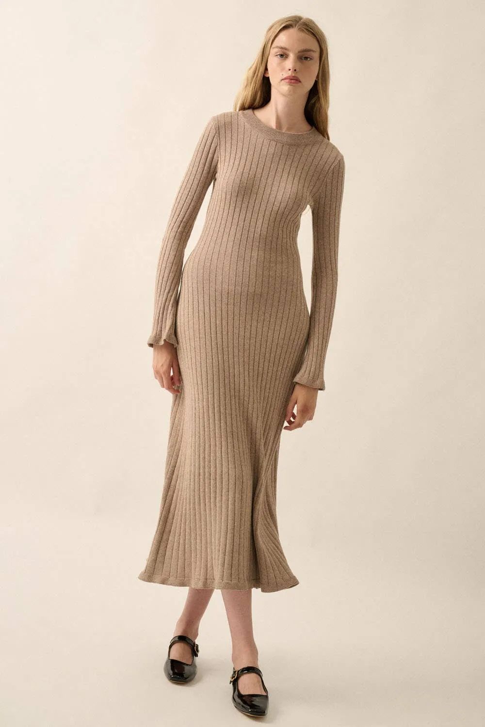 Mocha Ribbed-Knit Midi Dress