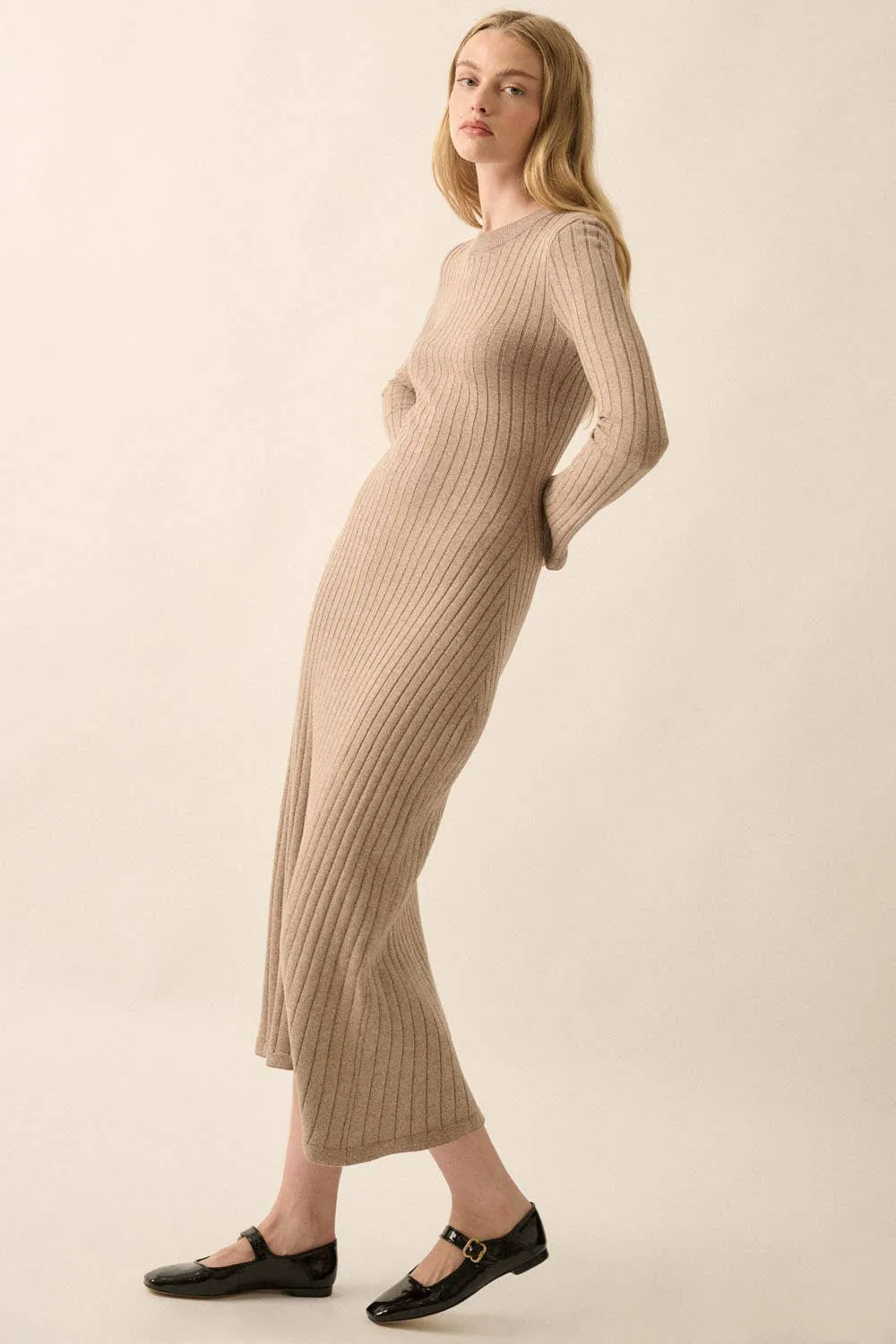 Mocha Ribbed-Knit Midi Dress