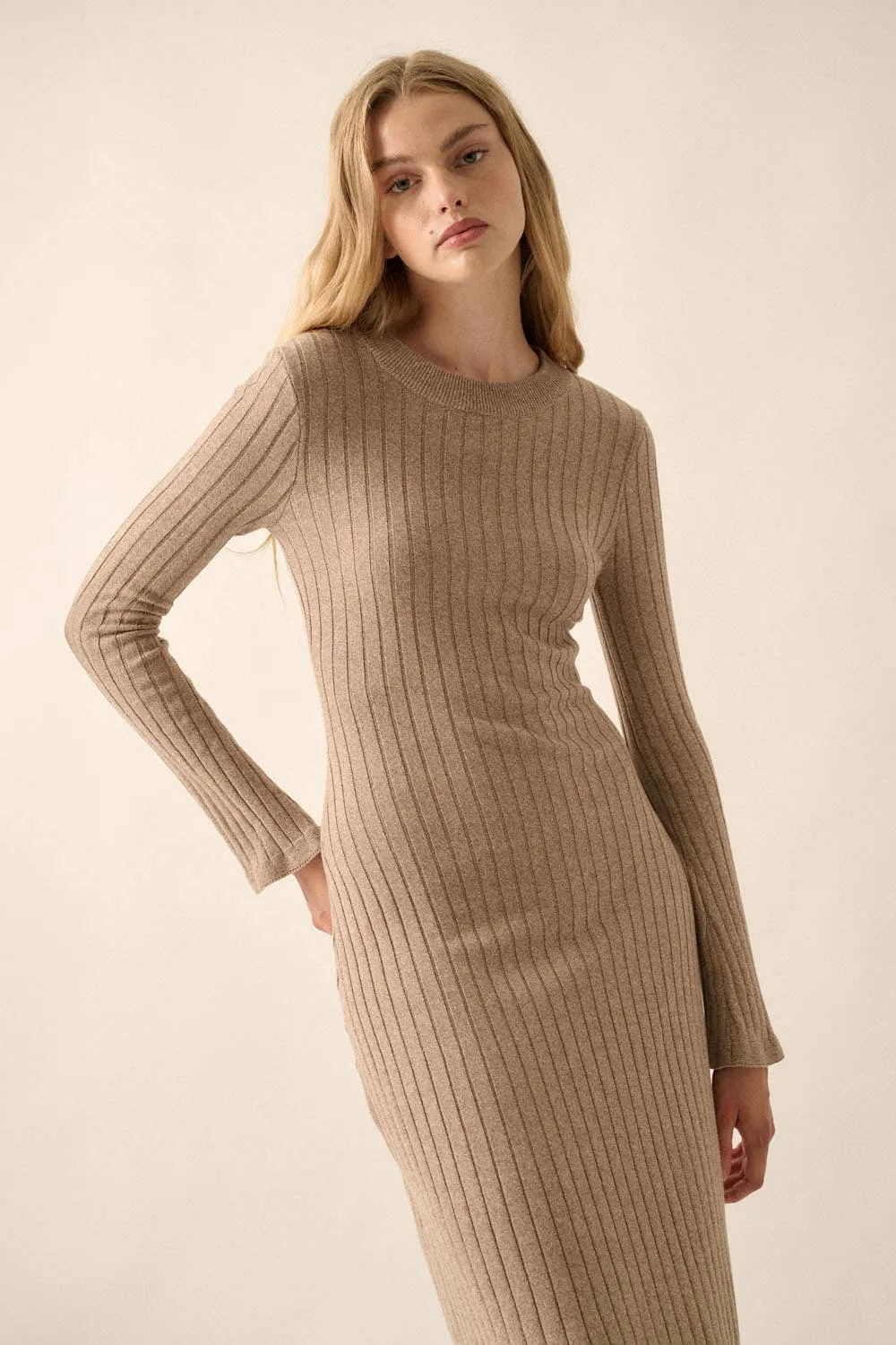 Mocha Ribbed-Knit Midi Dress