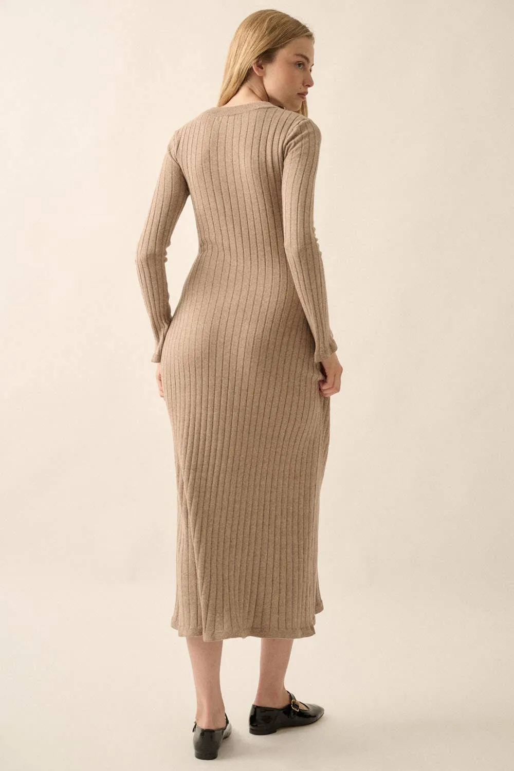 Mocha Ribbed-Knit Midi Dress