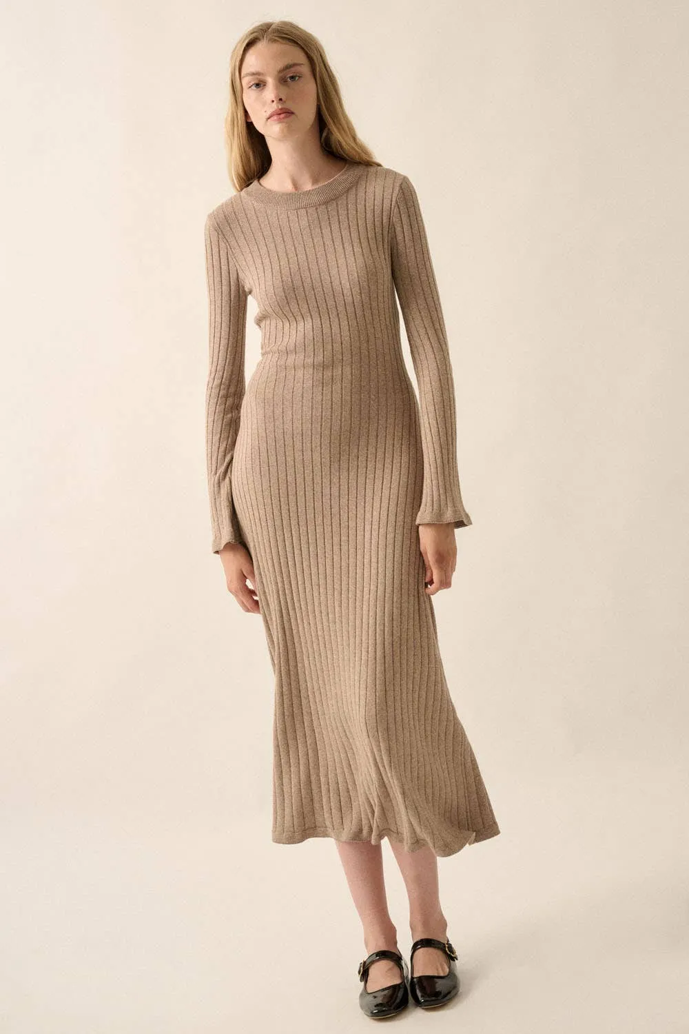 Mocha Ribbed-Knit Midi Dress