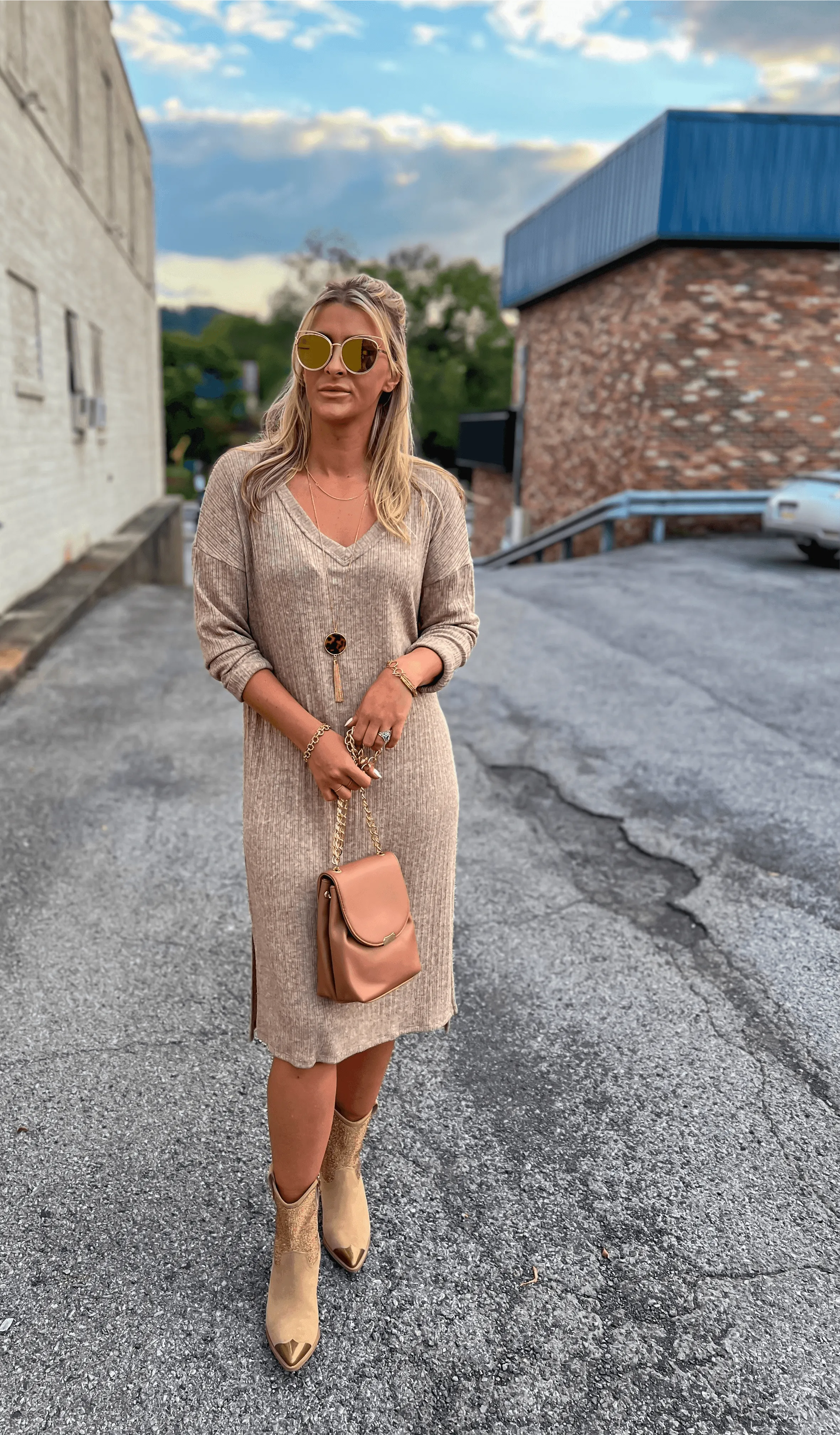 Mocha V-Neck Long Sleeve Side Slit Knit Dress