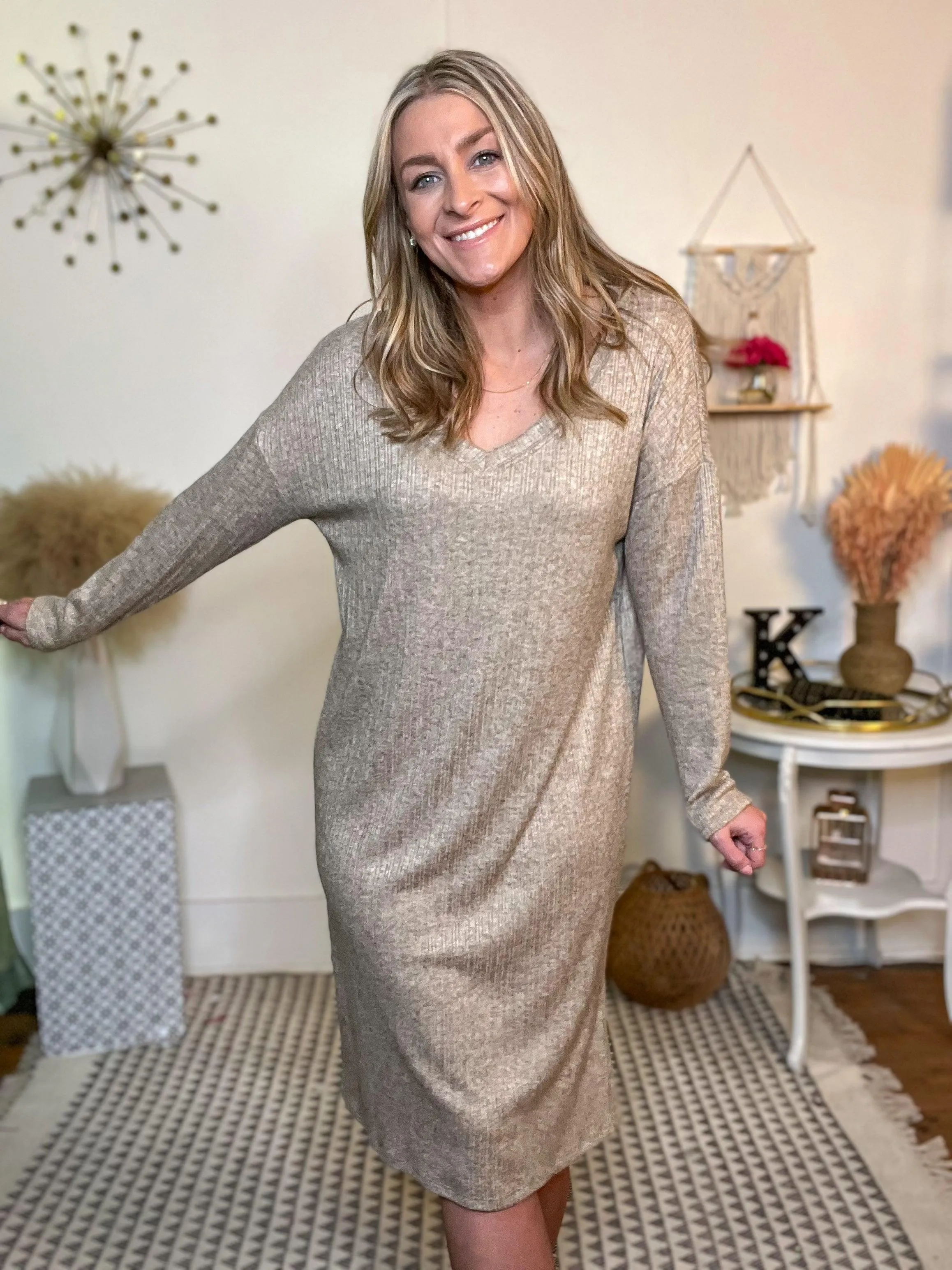 Mocha V-Neck Long Sleeve Side Slit Knit Dress