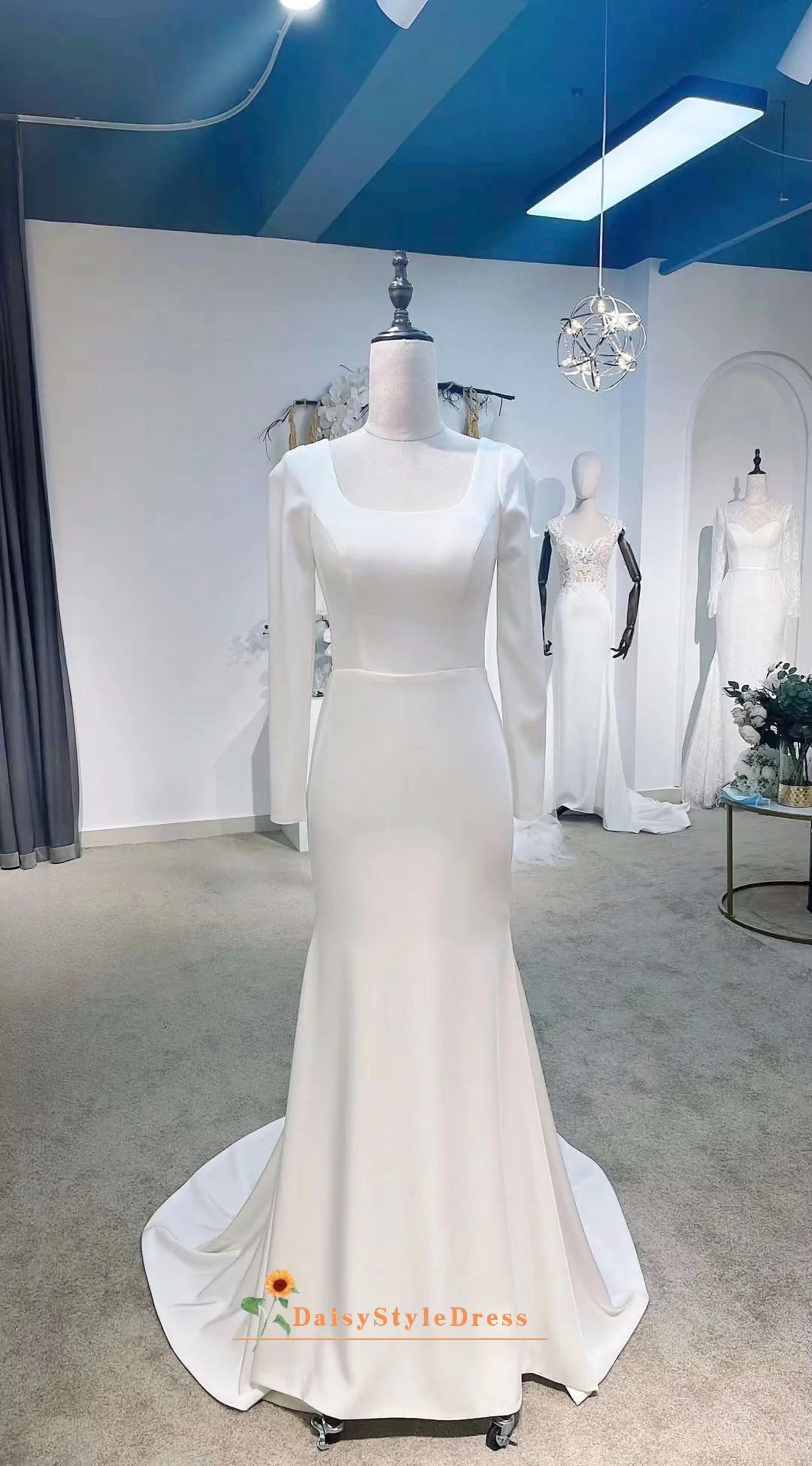 Modest Long Sleeve Square Neckline Wedding Dress