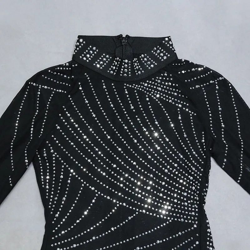 Nathalie Mesh Rhinestone Feather Long Sleeve Dress