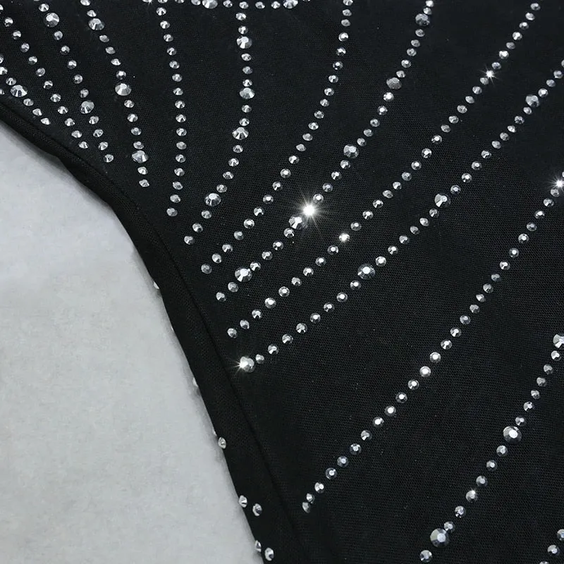 Nathalie Mesh Rhinestone Feather Long Sleeve Dress