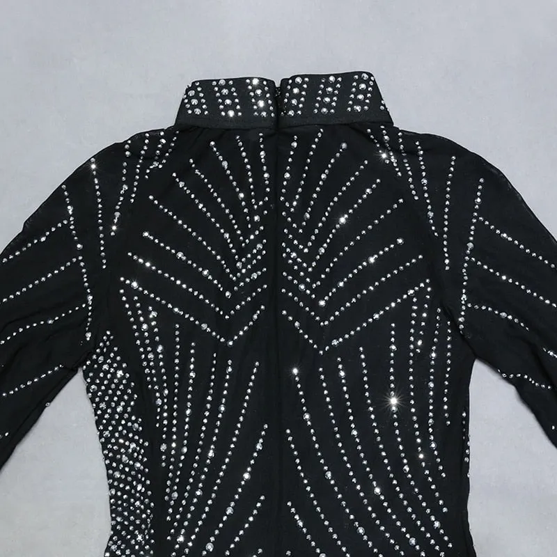 Nathalie Mesh Rhinestone Feather Long Sleeve Dress