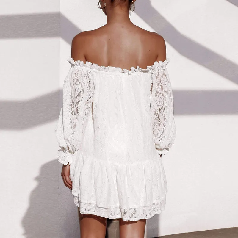 new women sexy off shoulder long sleeve ruffled lace short dress amazon best sale autumn spring dress