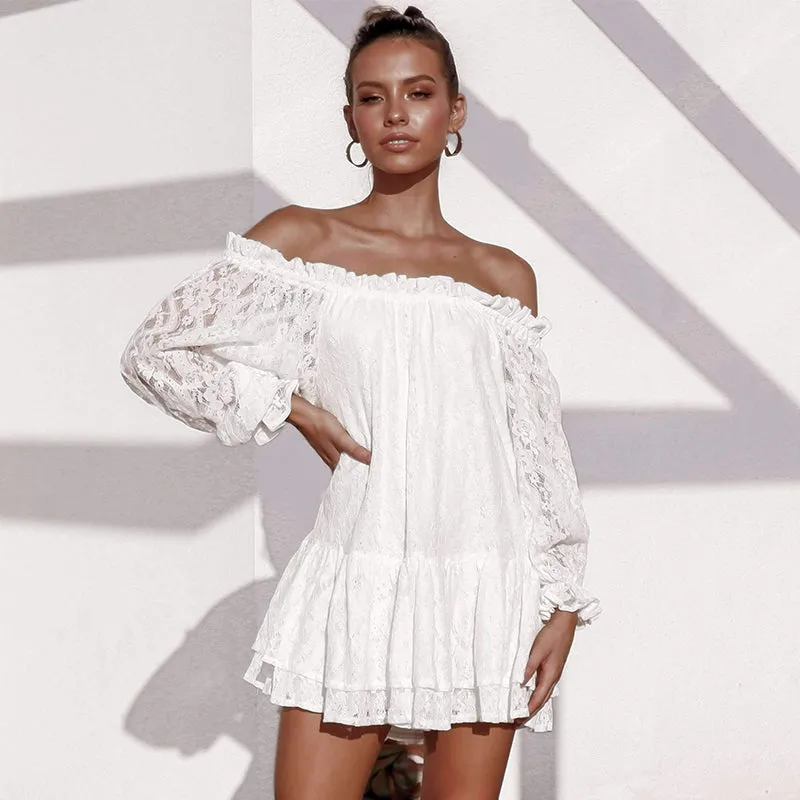 new women sexy off shoulder long sleeve ruffled lace short dress amazon best sale autumn spring dress