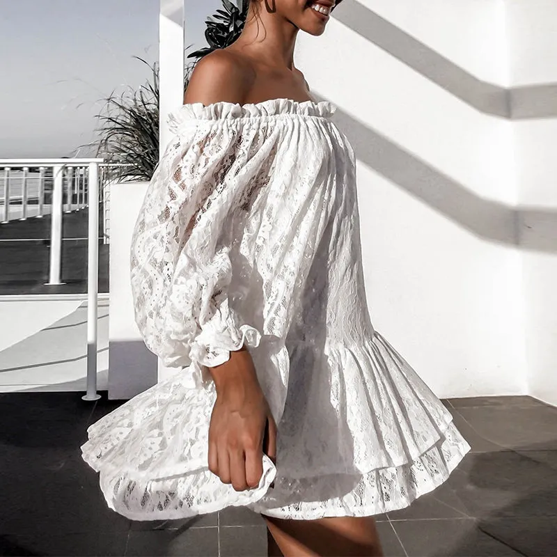 new women sexy off shoulder long sleeve ruffled lace short dress amazon best sale autumn spring dress