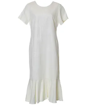 Off-White Tea Length Silk Dress Tropical Palms with Sleeves
