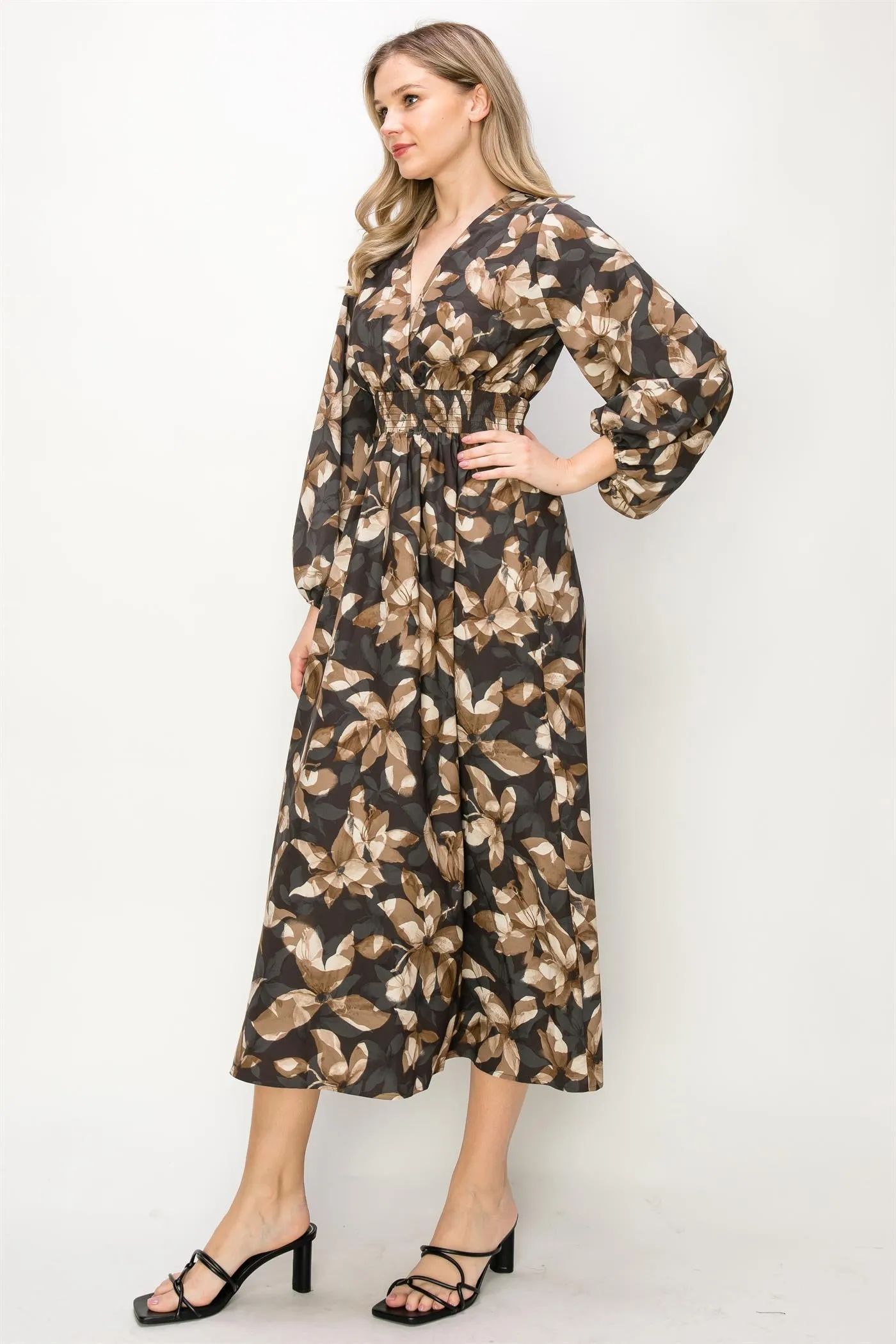 OL24A141 | SATIN FLORAL LONG SLEEVE STRETCH WAIST MAXI DRESS