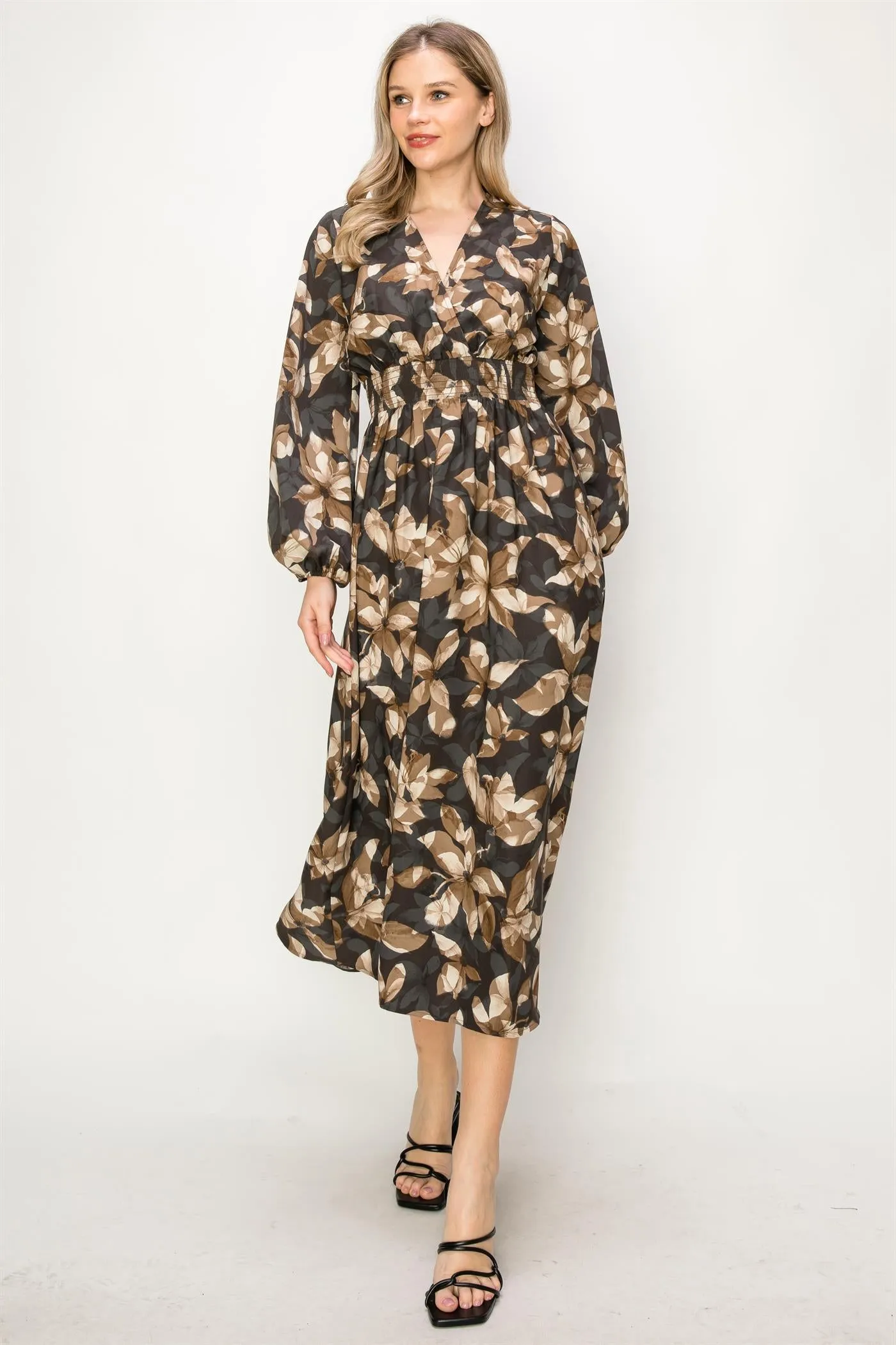 OL24A141 | SATIN FLORAL LONG SLEEVE STRETCH WAIST MAXI DRESS
