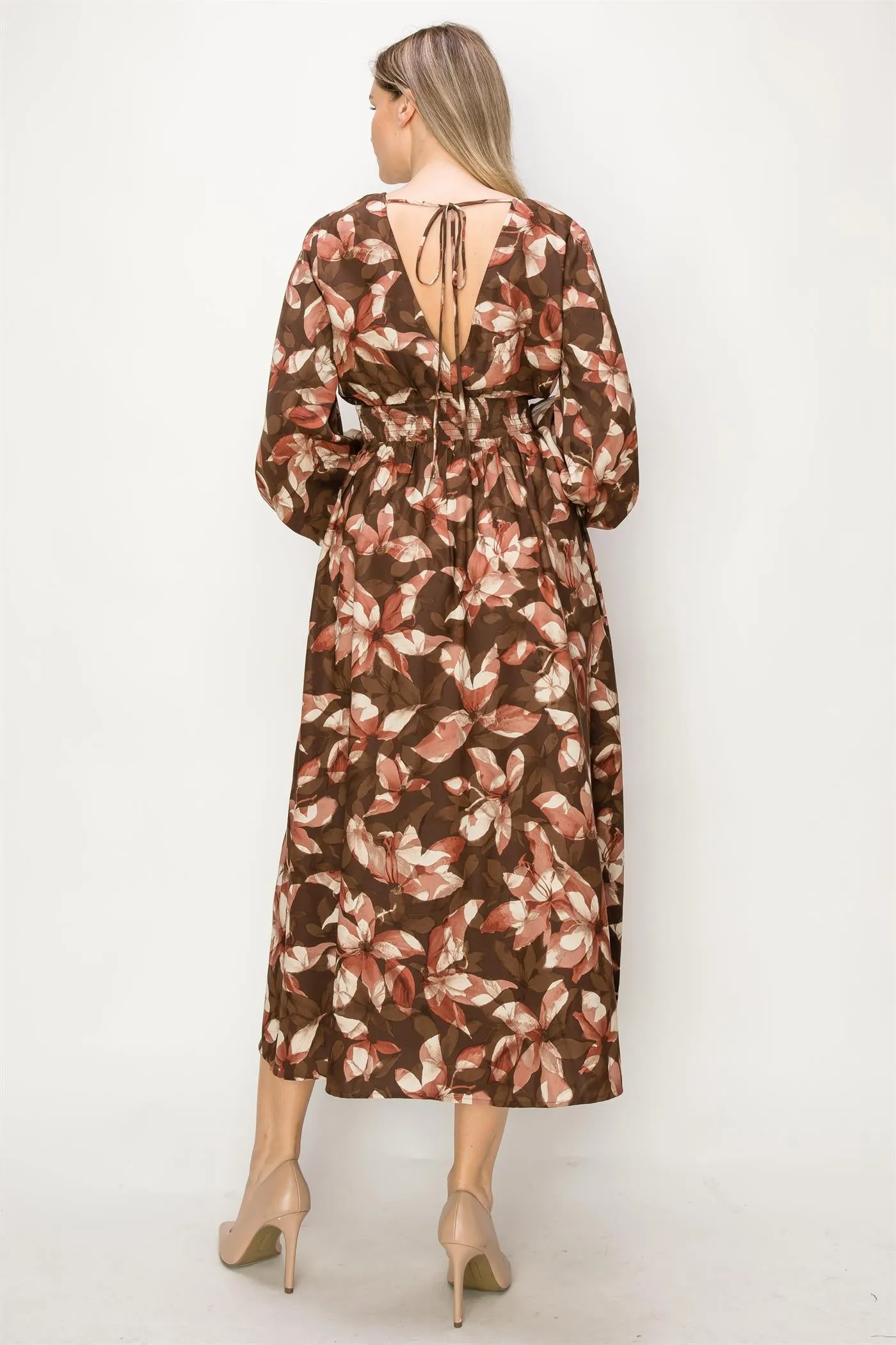 OL24A141 | SATIN FLORAL LONG SLEEVE STRETCH WAIST MAXI DRESS