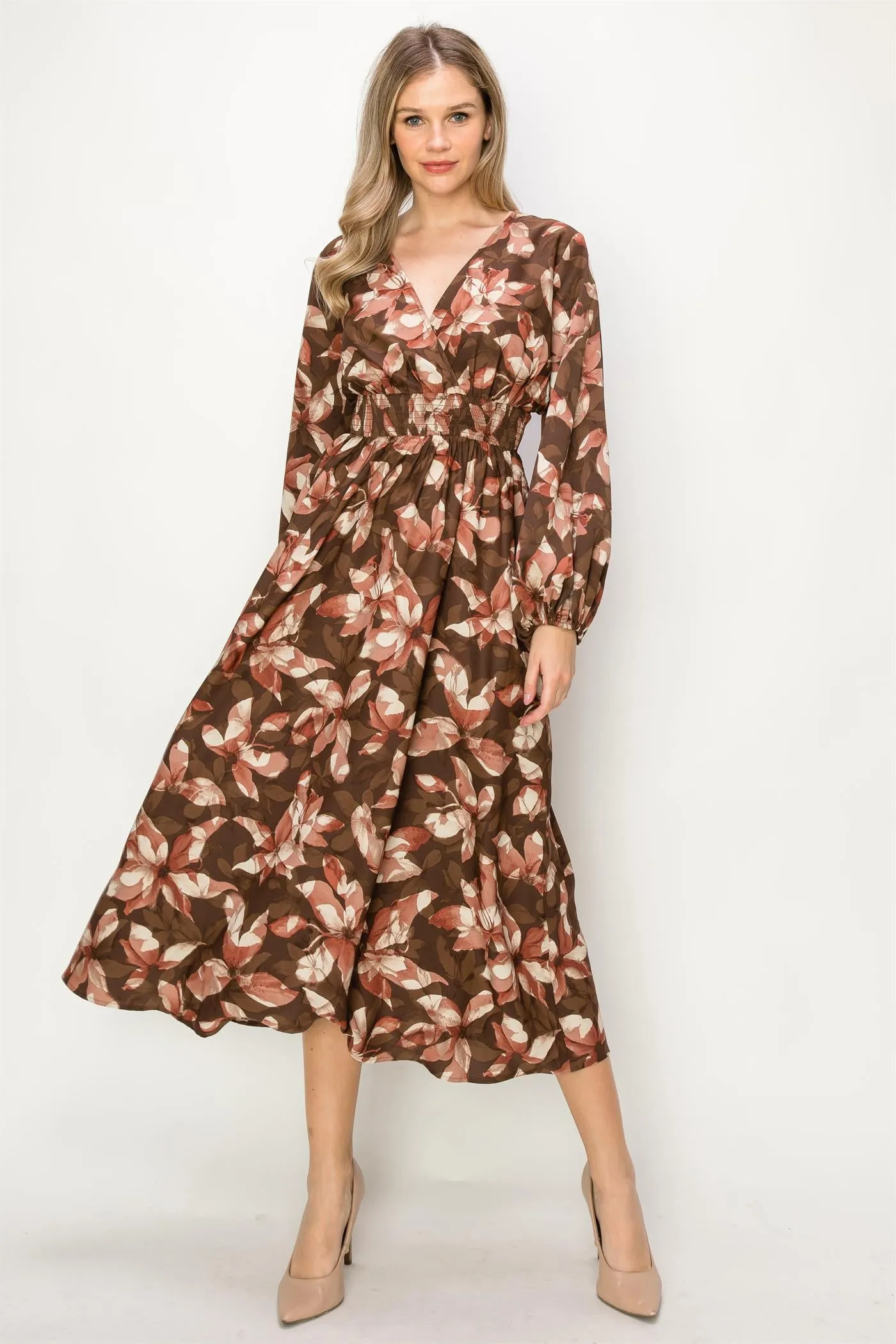 OL24A141 | SATIN FLORAL LONG SLEEVE STRETCH WAIST MAXI DRESS