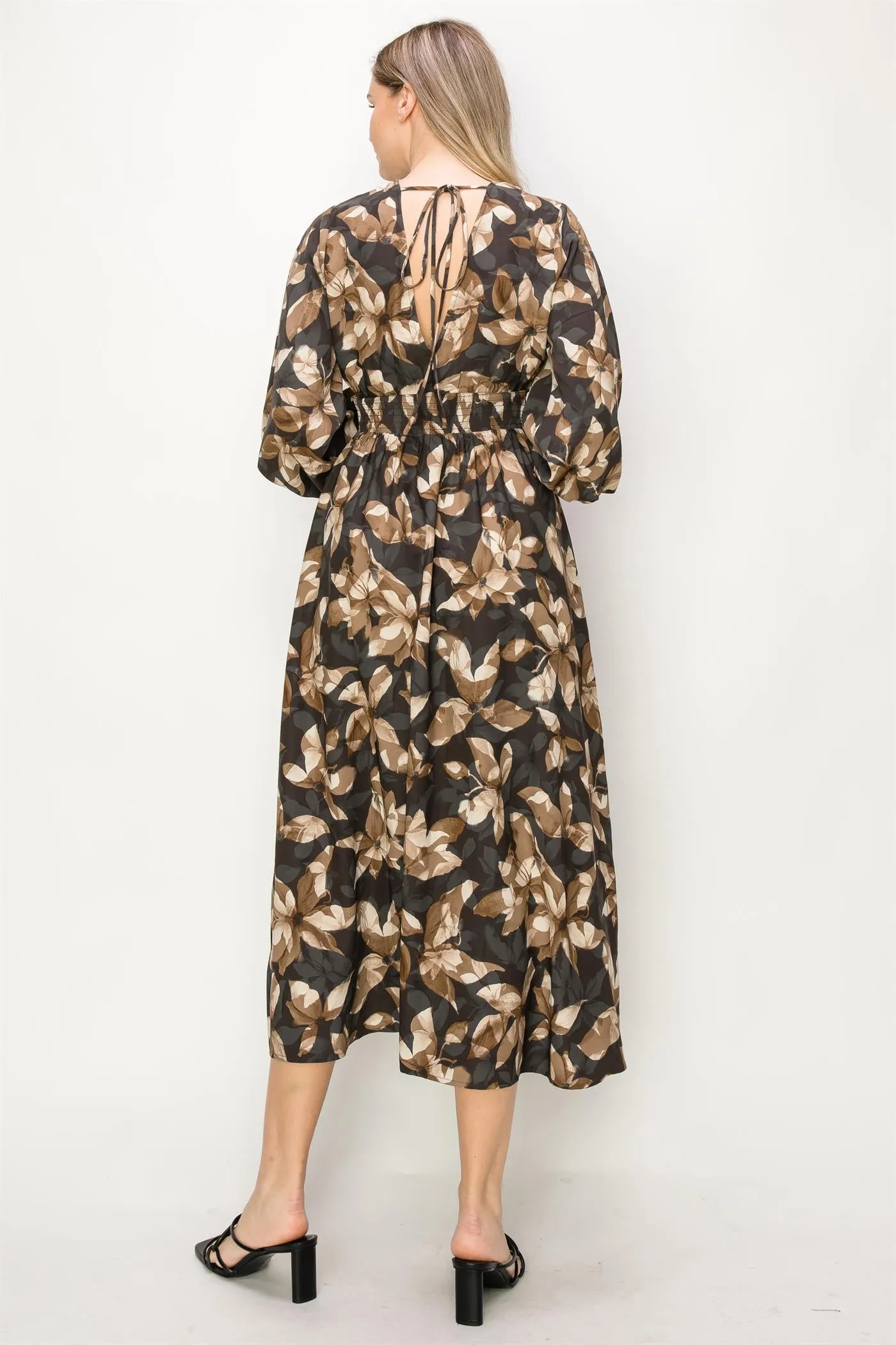 OL24A141 | SATIN FLORAL LONG SLEEVE STRETCH WAIST MAXI DRESS