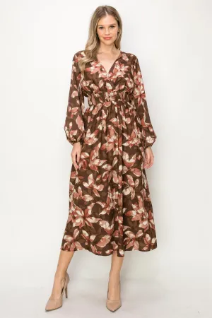OL24A141 | SATIN FLORAL LONG SLEEVE STRETCH WAIST MAXI DRESS