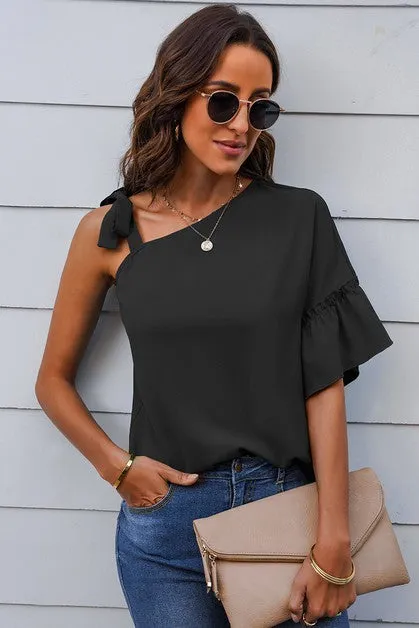 One Shoulder Tie Ruffled Sleeves Top