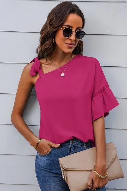 One Shoulder Tie Ruffled Sleeves Top