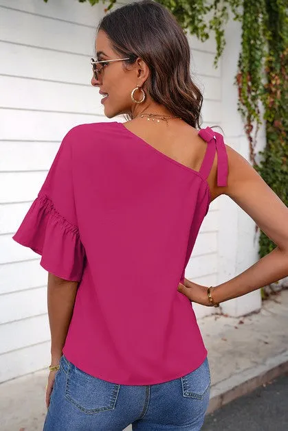 One Shoulder Tie Ruffled Sleeves Top