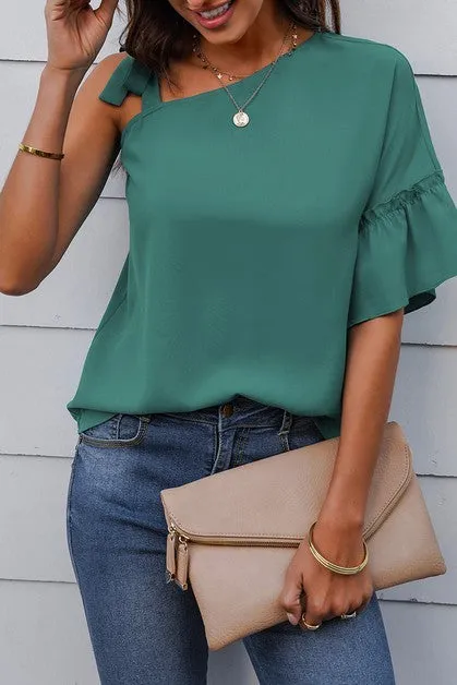 One Shoulder Tie Ruffled Sleeves Top