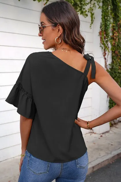 One Shoulder Tie Ruffled Sleeves Top