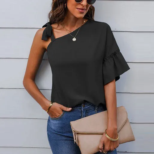 One Shoulder Tie Ruffled Sleeves Top