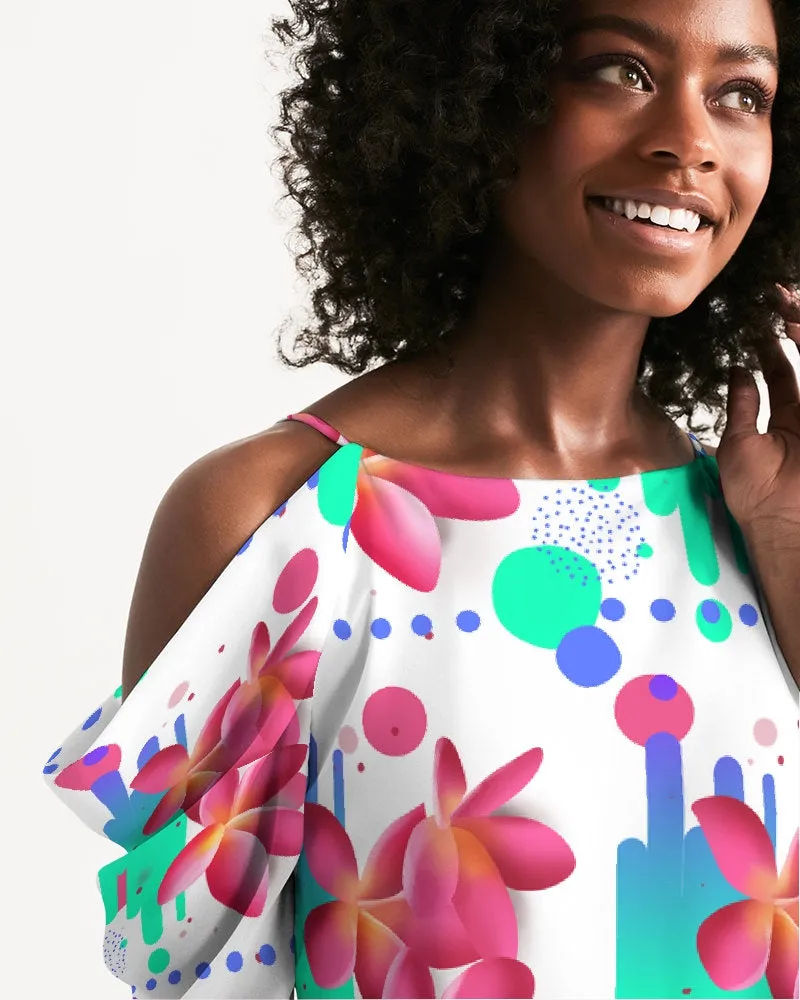 Pink Plumeria Floral Cold-Shoulder Dress