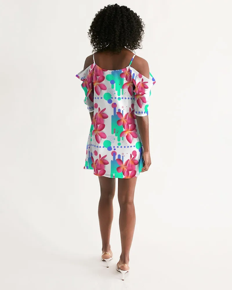 Pink Plumeria Floral Cold-Shoulder Dress