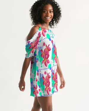 Pink Plumeria Floral Cold-Shoulder Dress
