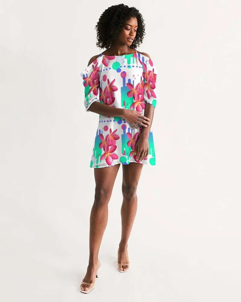 Pink Plumeria Floral Cold-Shoulder Dress