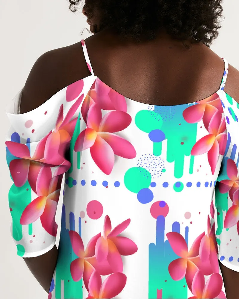 Pink Plumeria Floral Cold-Shoulder Dress