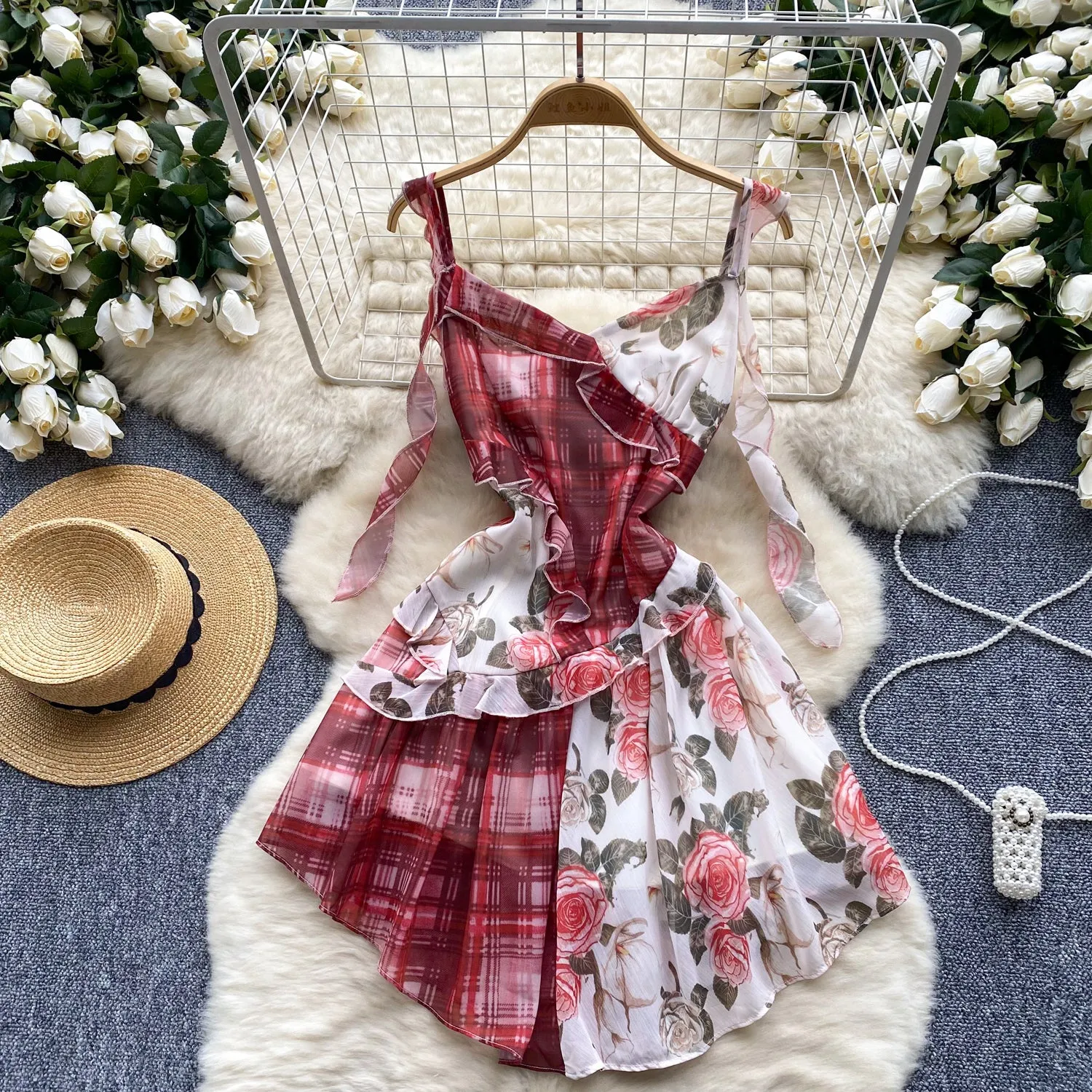 Plaid Floral Patchwork Slip Dress