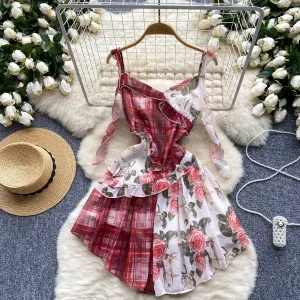 Plaid Floral Patchwork Slip Dress