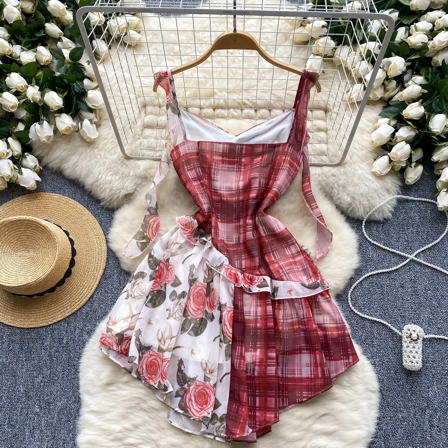 Plaid Floral Patchwork Slip Dress