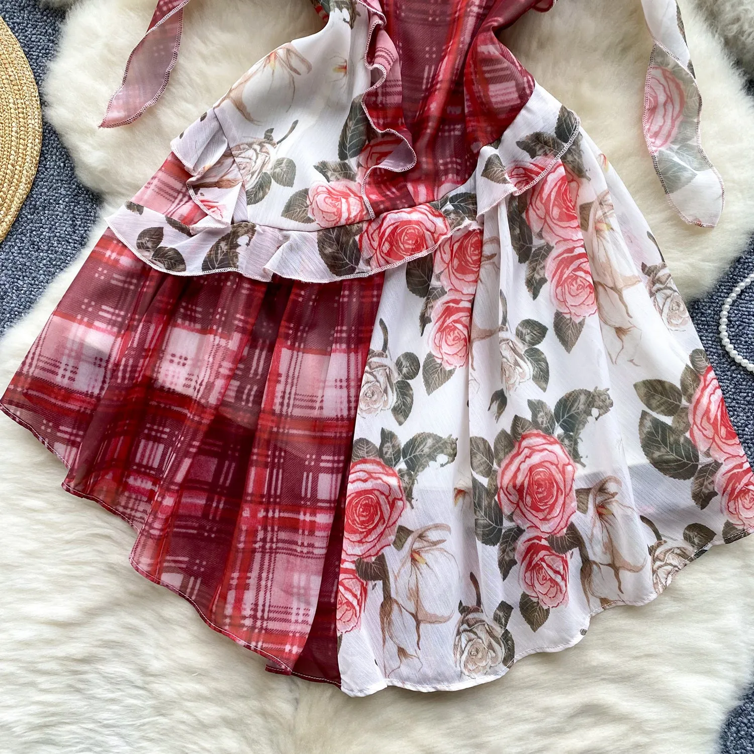 Plaid Floral Patchwork Slip Dress
