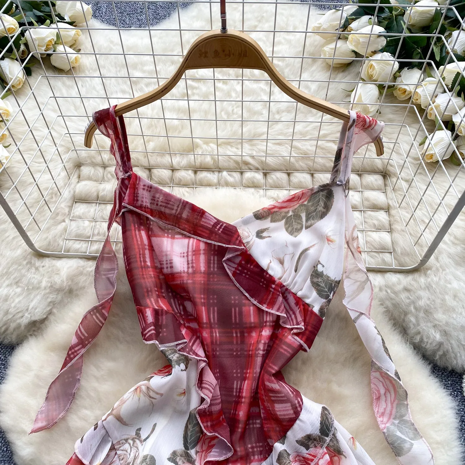 Plaid Floral Patchwork Slip Dress