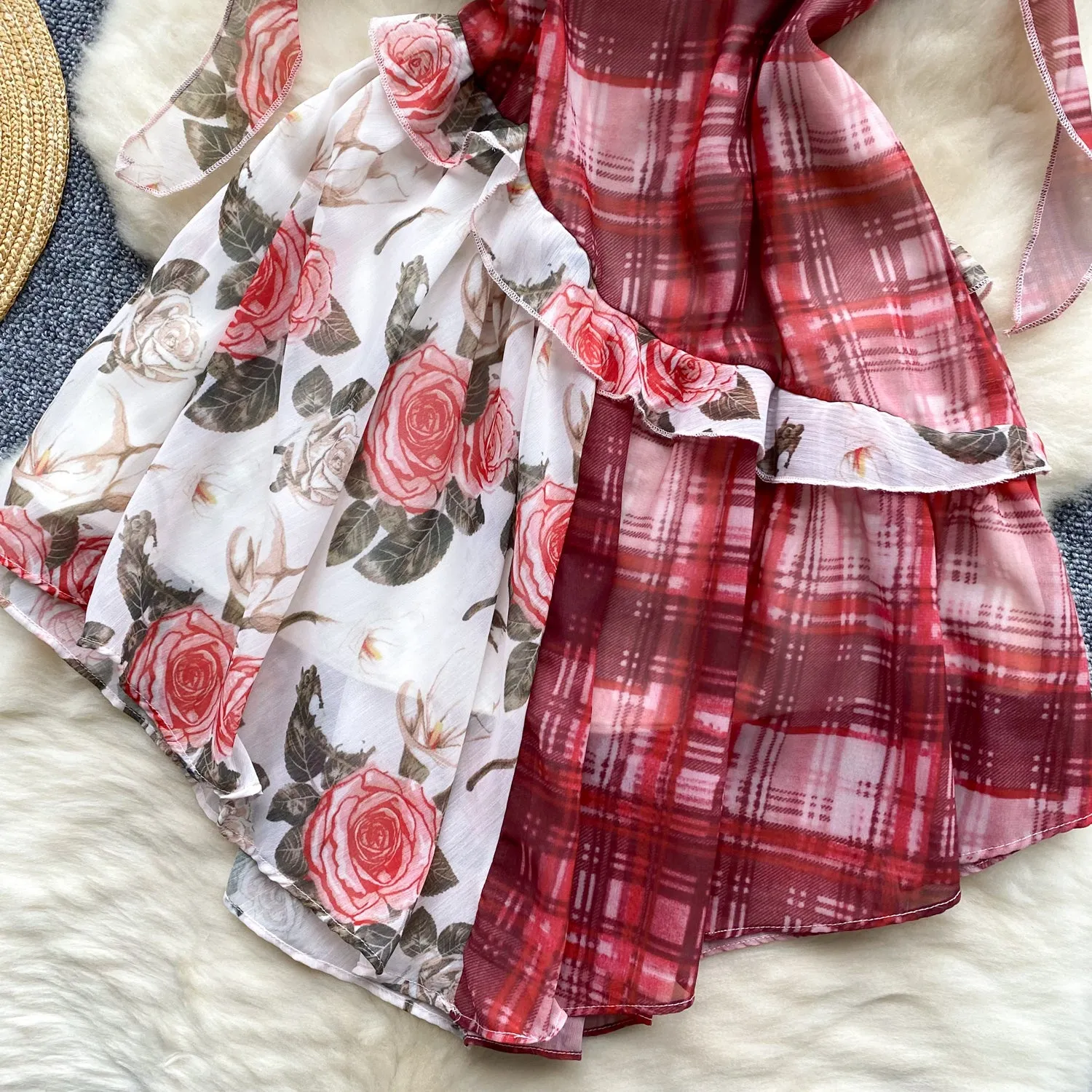 Plaid Floral Patchwork Slip Dress