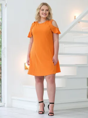 Plus Size Ruffle Cold Shoulder A Line Knee Length Dress