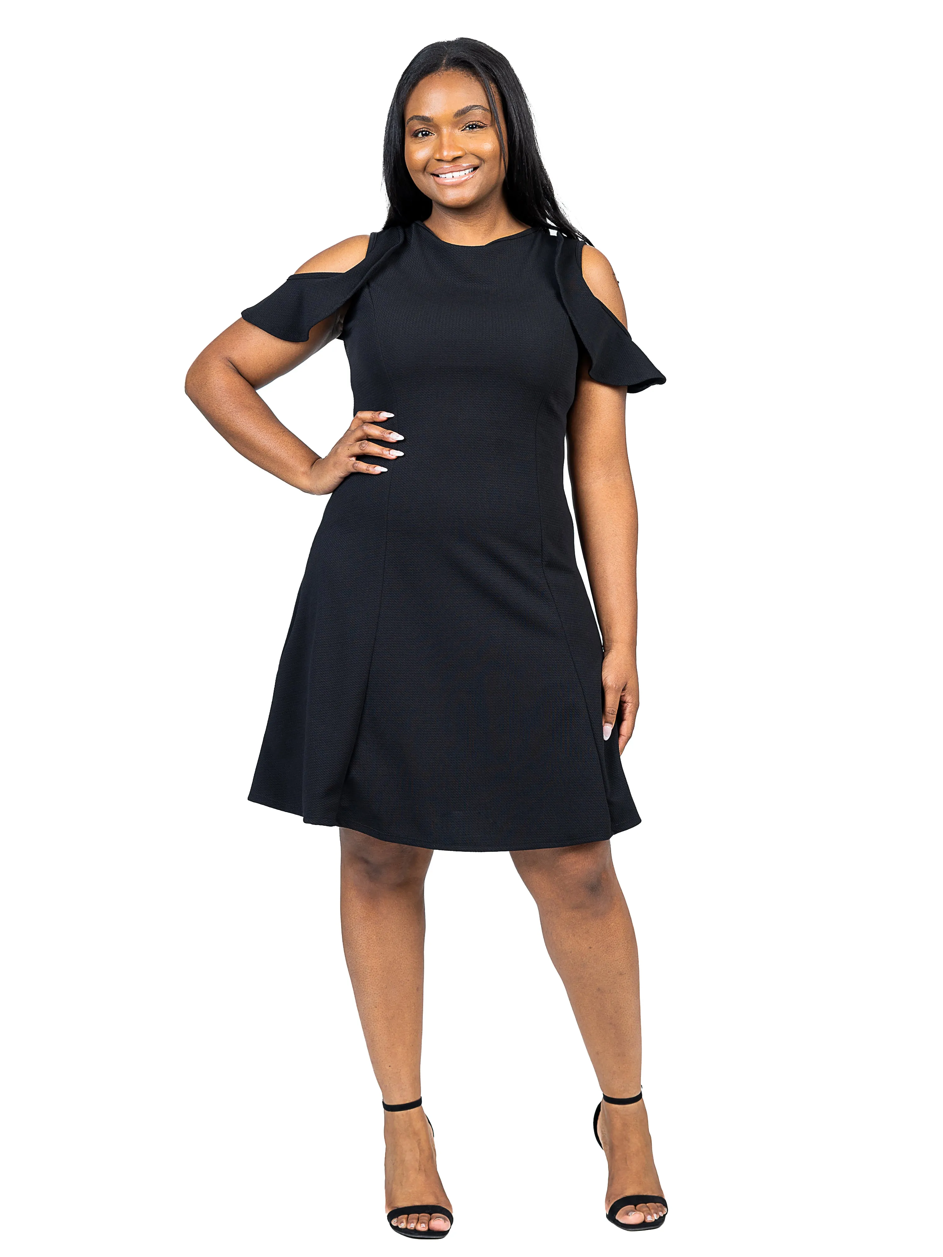 Plus Size Ruffle Cold Shoulder A Line Knee Length Dress