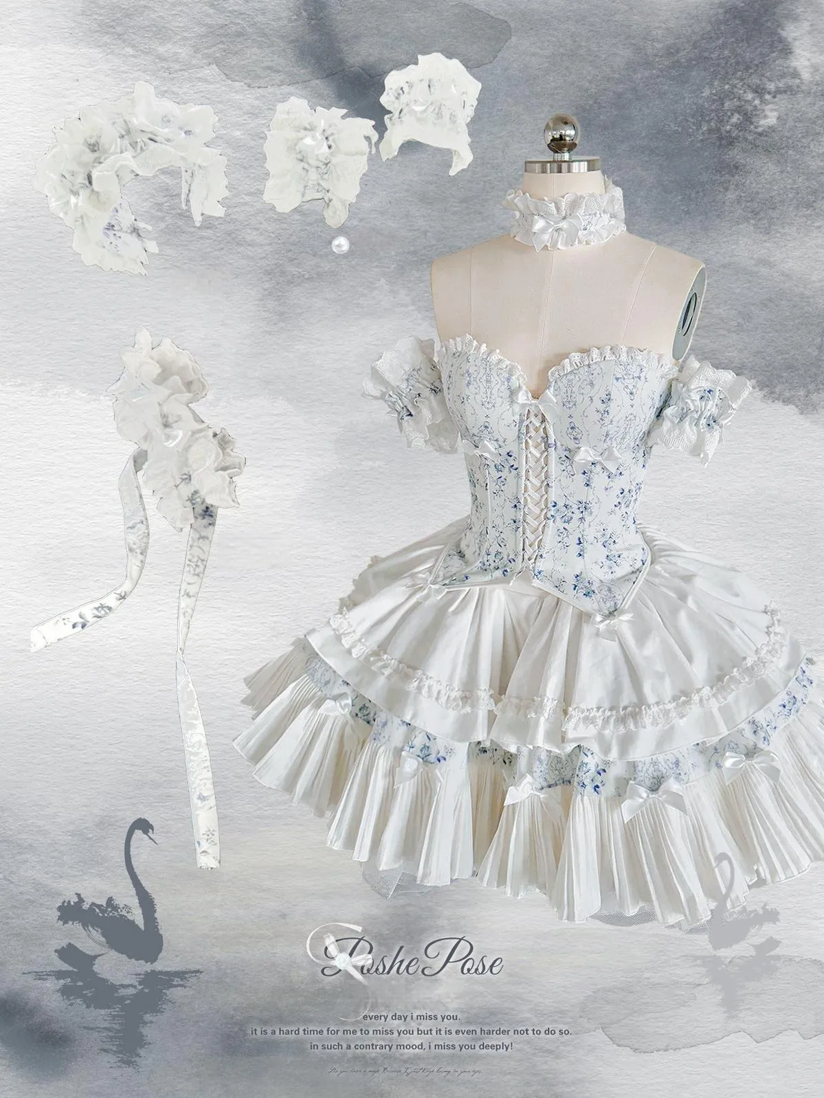 POSHEPOSE~Celadon Overture~Sleeveless Princess Lolita Skirt Suit Fishbone Top Tiered SK