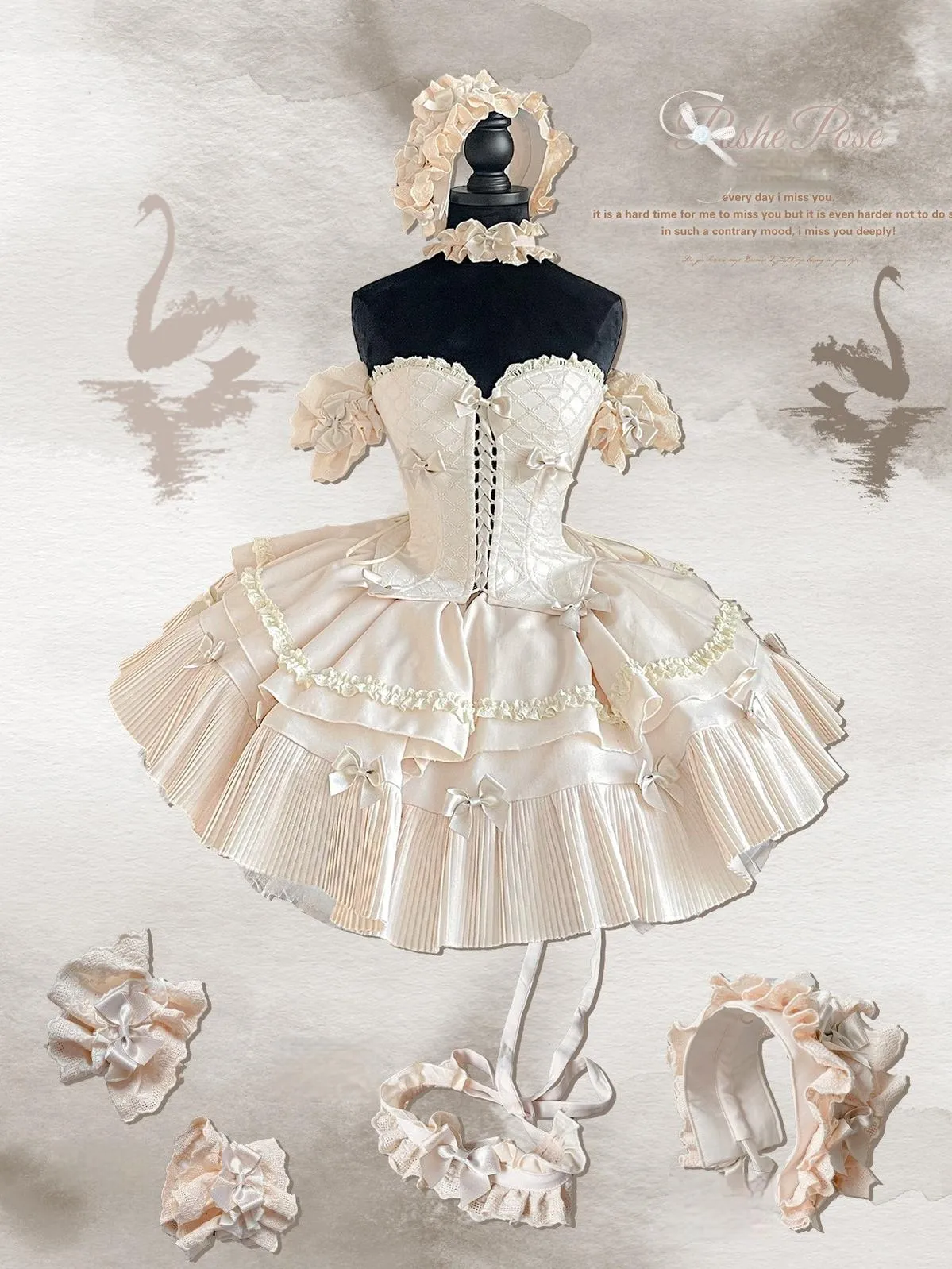 POSHEPOSE~Celadon Overture~Sleeveless Princess Lolita Skirt Suit Fishbone Top Tiered SK