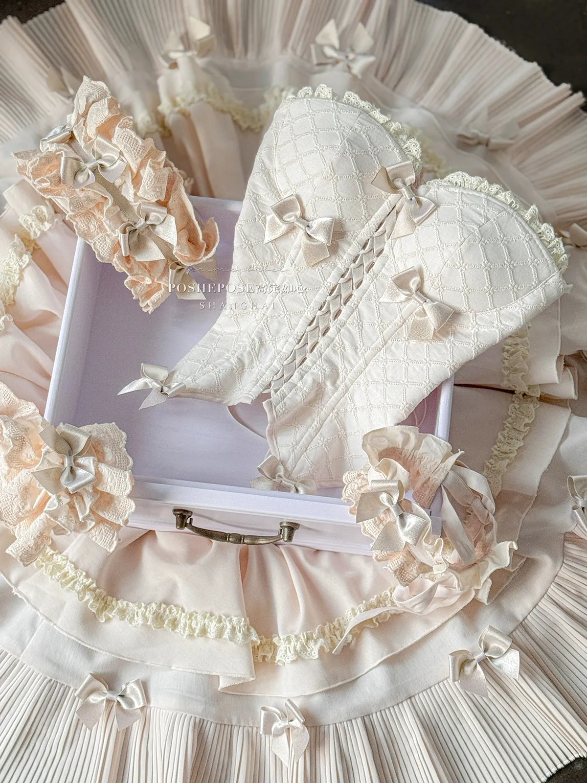 POSHEPOSE~Celadon Overture~Sleeveless Princess Lolita Skirt Suit Fishbone Top Tiered SK